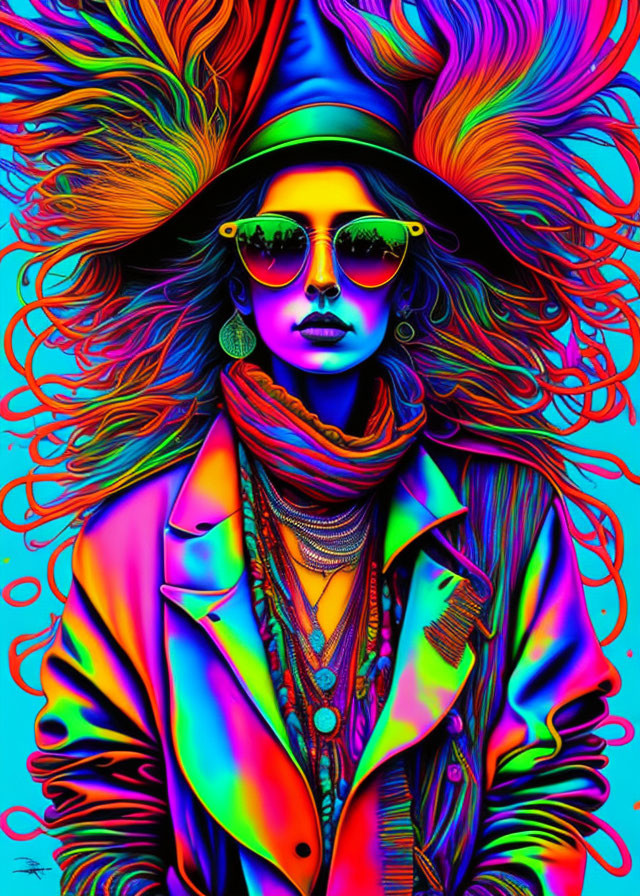 Colorful digital artwork of a stylish person with flowing hair, sunglasses, and vibrant outfit, emitting a