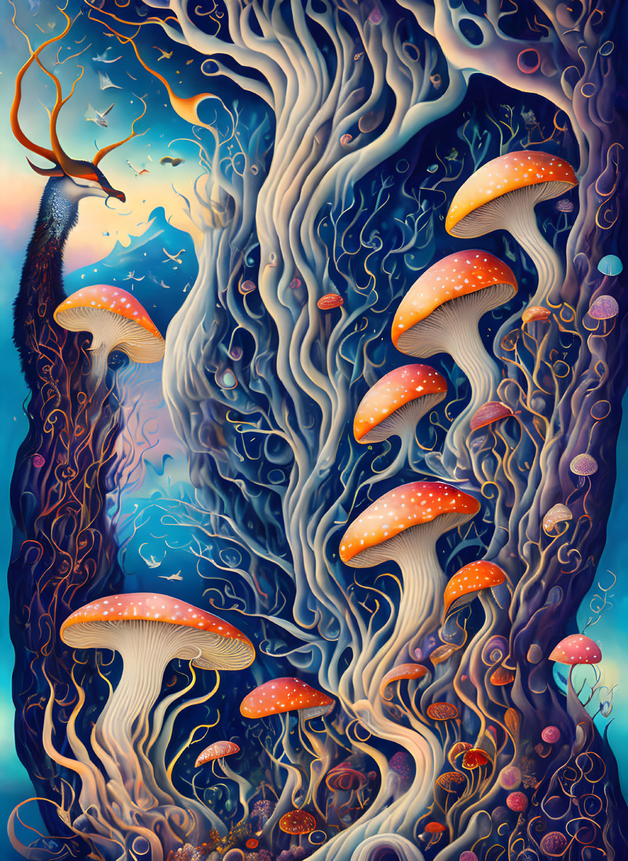 Surreal illustration: stag's head on tree trunk, jellyfish-like mushrooms, whimsical night