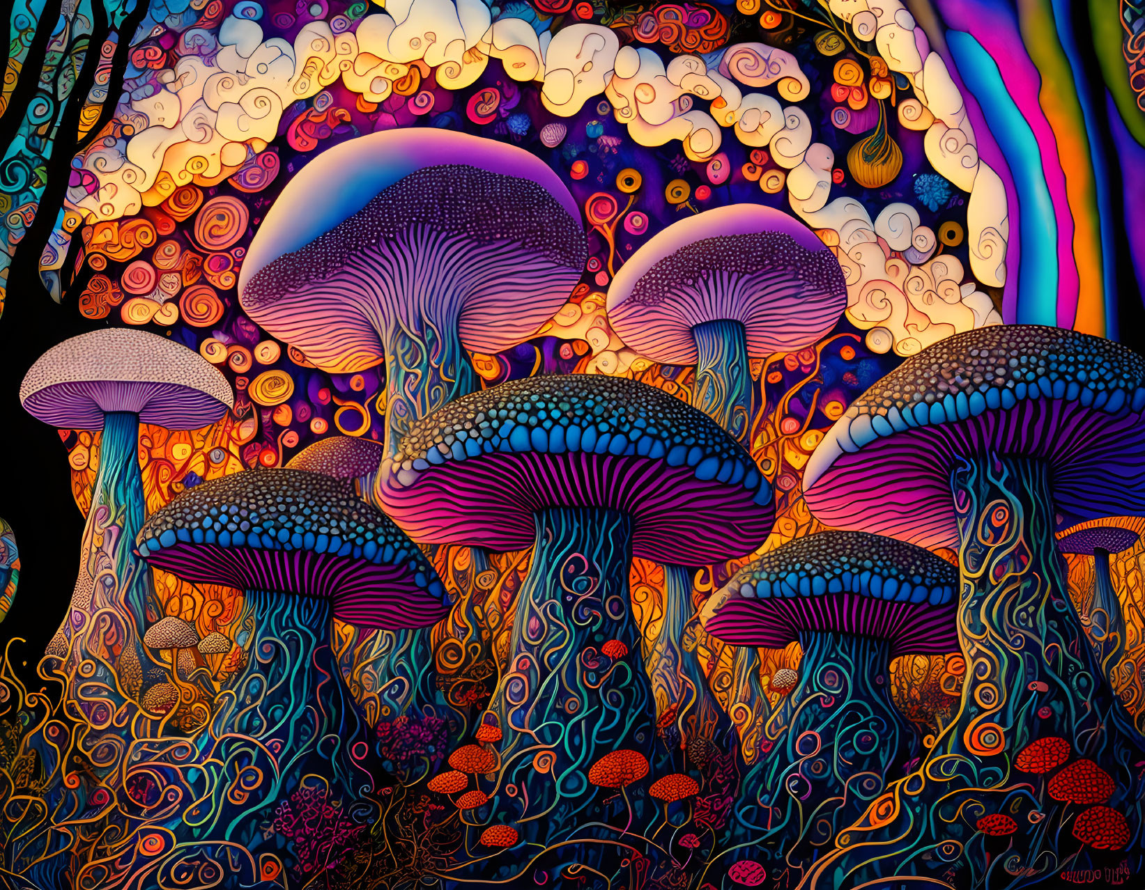 Colorful surreal illustration with psychedelic mushrooms and intricate patterns