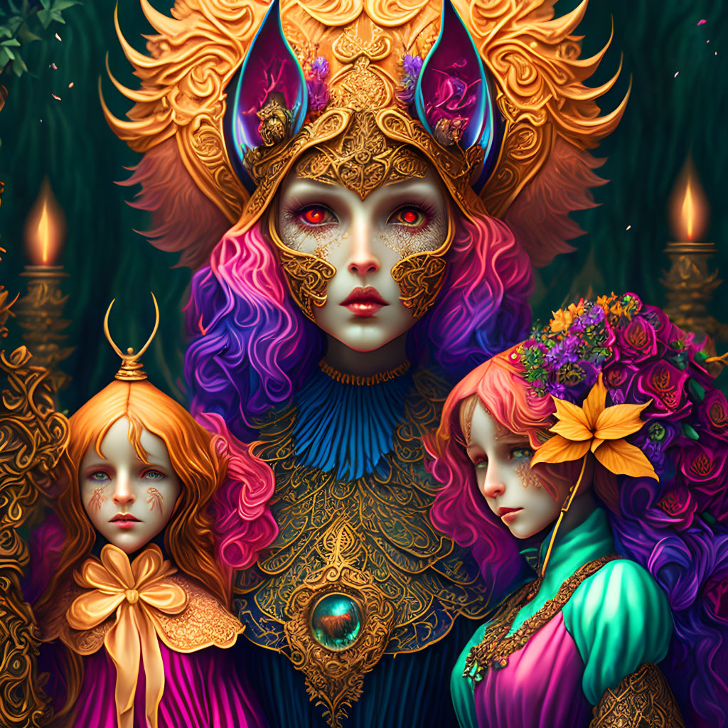 Detailed artwork of majestic female figure with ornate headgear, surrounded by ethereal beings in vibrant attire