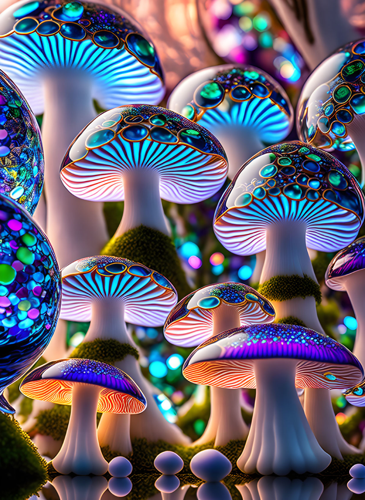 Colorful Psychedelic Mushroom Digital Art with Iridescent Caps