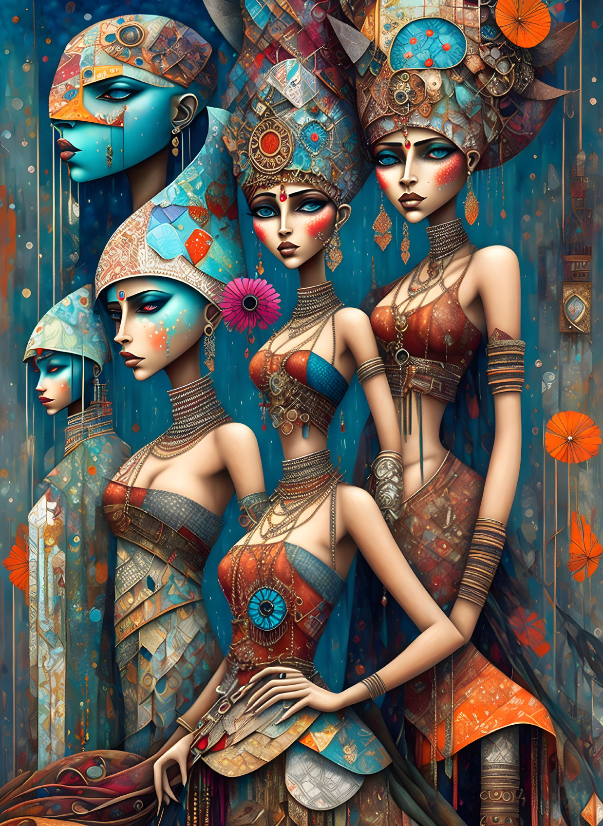 Stylized ornate female figures in vibrant blue and orange colors