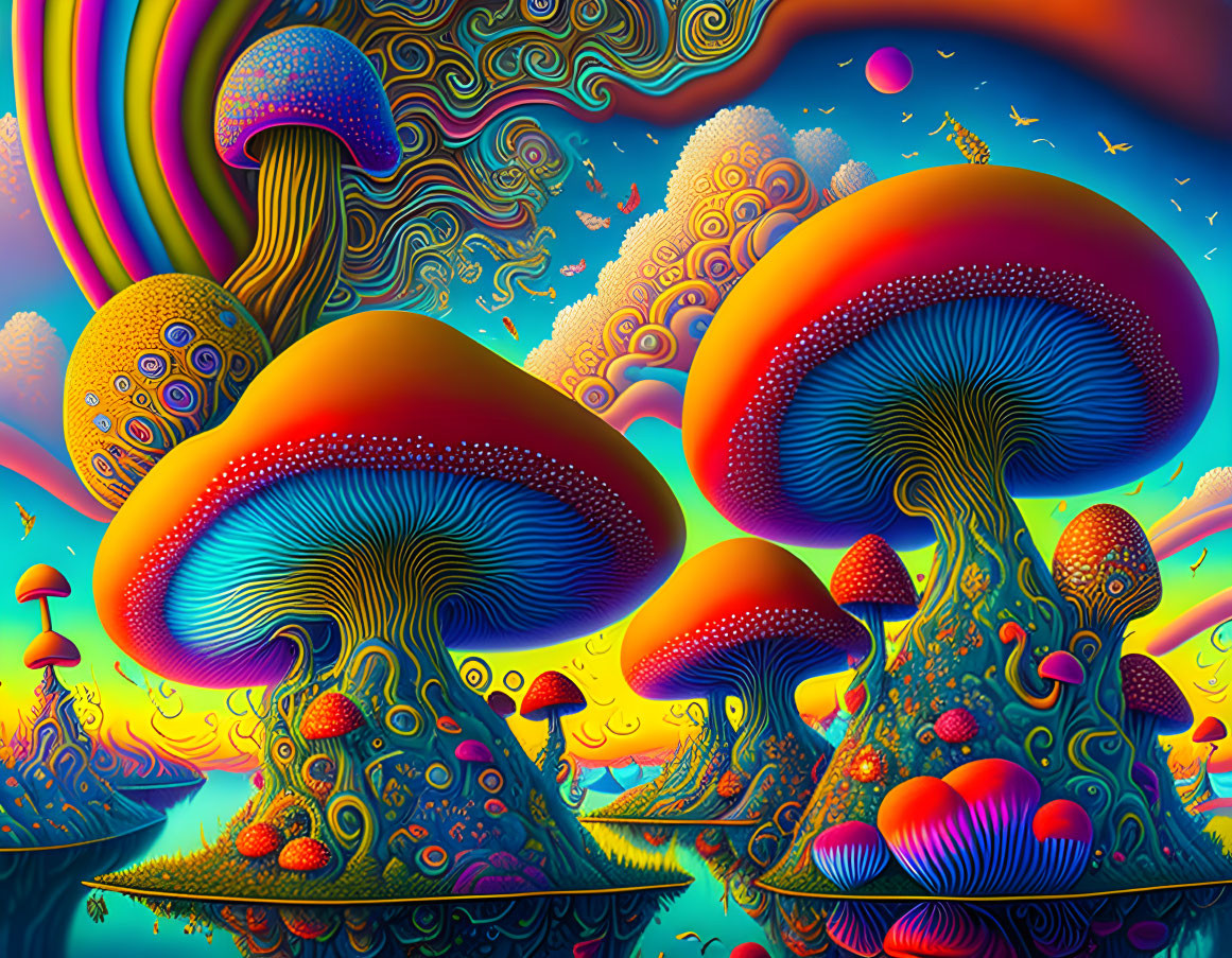 Colorful Psychedelic Mushroom Artwork with Swirling Patterns