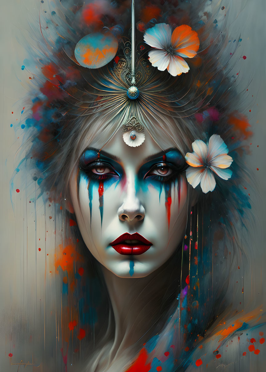 Fantasy portrait of a woman with decorative makeup and ornaments, adorned with flowers and vibrant paint splashes