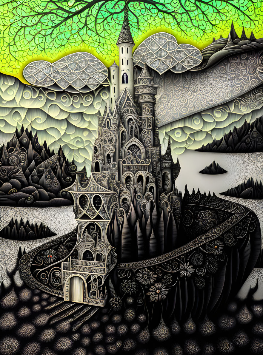 Detailed Gothic Castle in Fantasy Landscape with Monochromatic Green and Black Colors