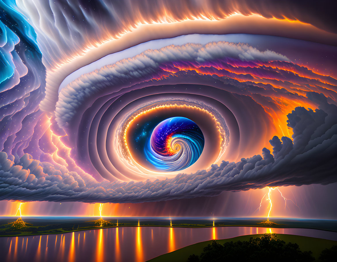 Vibrant surreal landscape with vortex cloud formation above water