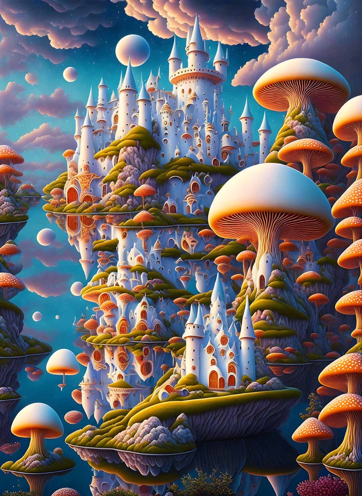 Fantastical landscape with towering castles on mushroom-like structures