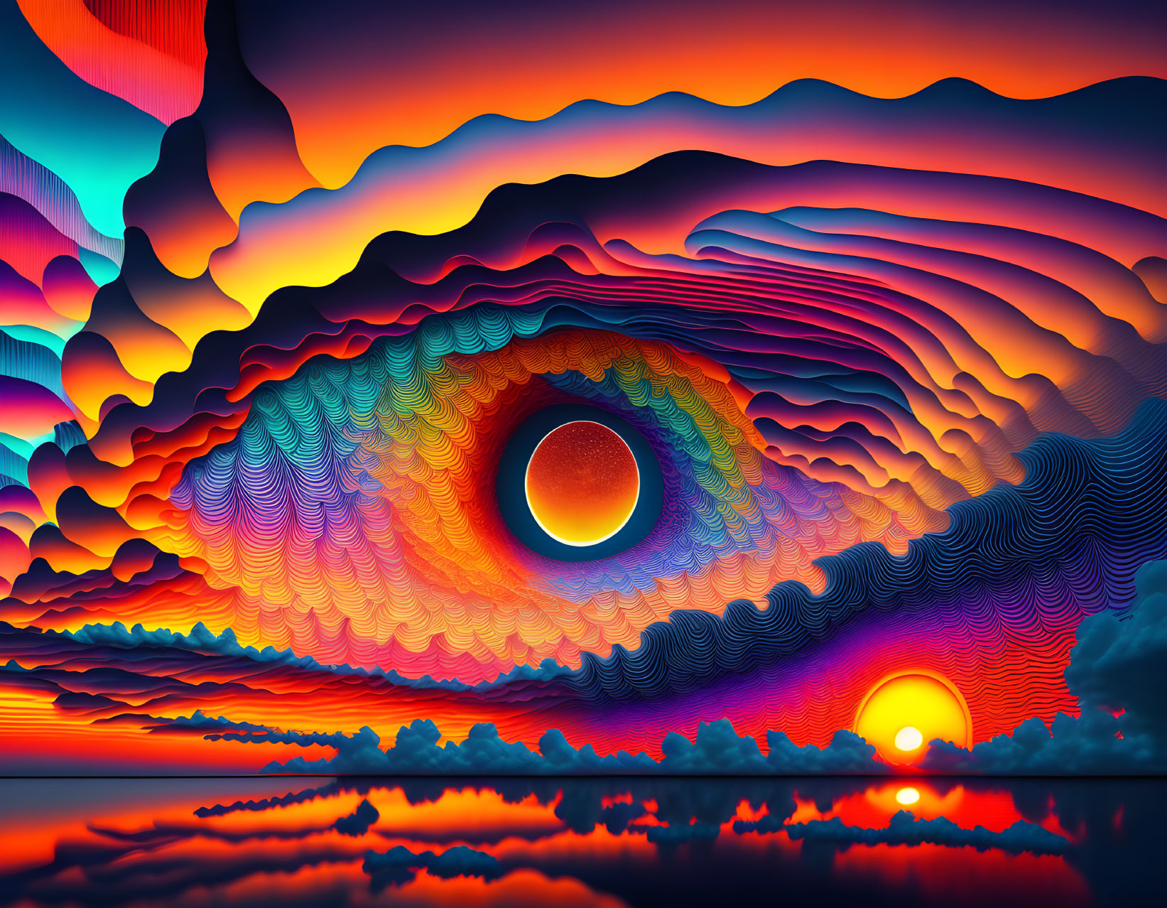 Surreal landscape digital artwork with eye-like form and wavy patterns