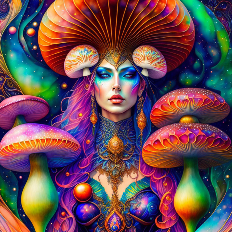 Colorful digital art: Woman with psychedelic, mushroom-inspired elements