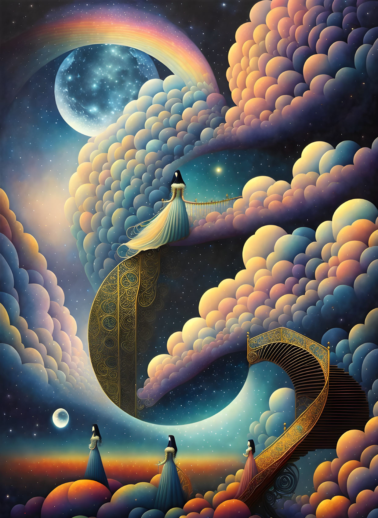 Surreal artwork: Women on staircase to celestial pathway