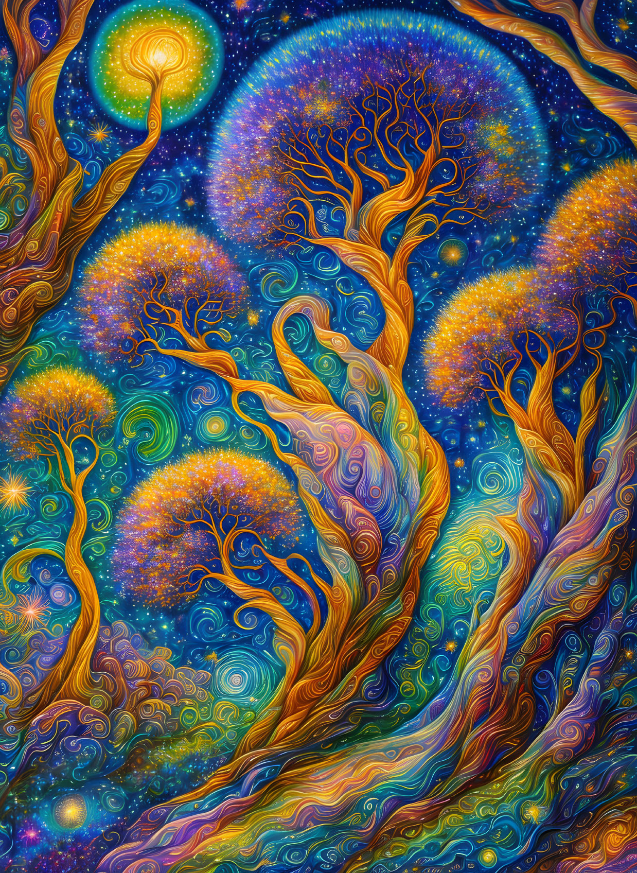 Colorful Swirling Trees Under Starry Night Sky