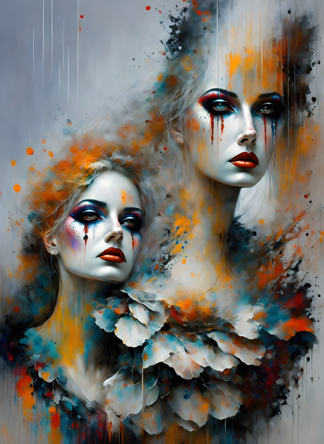 Colorful digital painting of two women with dramatic makeup and feather-like adornments