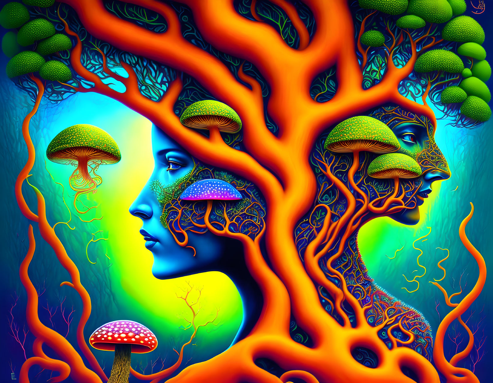 Colorful digital art: human profiles with tree-like hair and mushrooms on blue-green backdrop