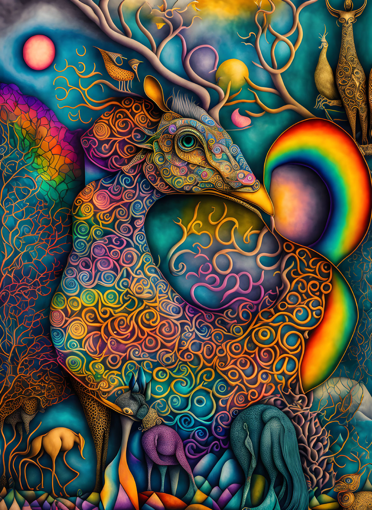 Colorful psychedelic chameleon surrounded by fantastical elements