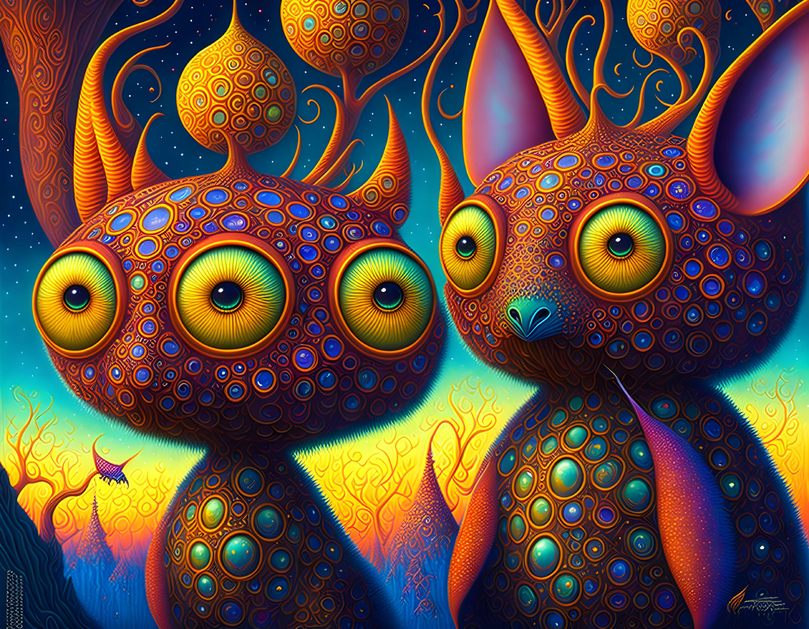 Vibrant surreal artwork: whimsical creatures with patterned eyes in ornate backdrop