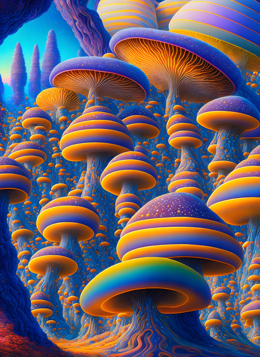 Colorful psychedelic forest with blue, orange, and purple mushrooms in surreal landscape