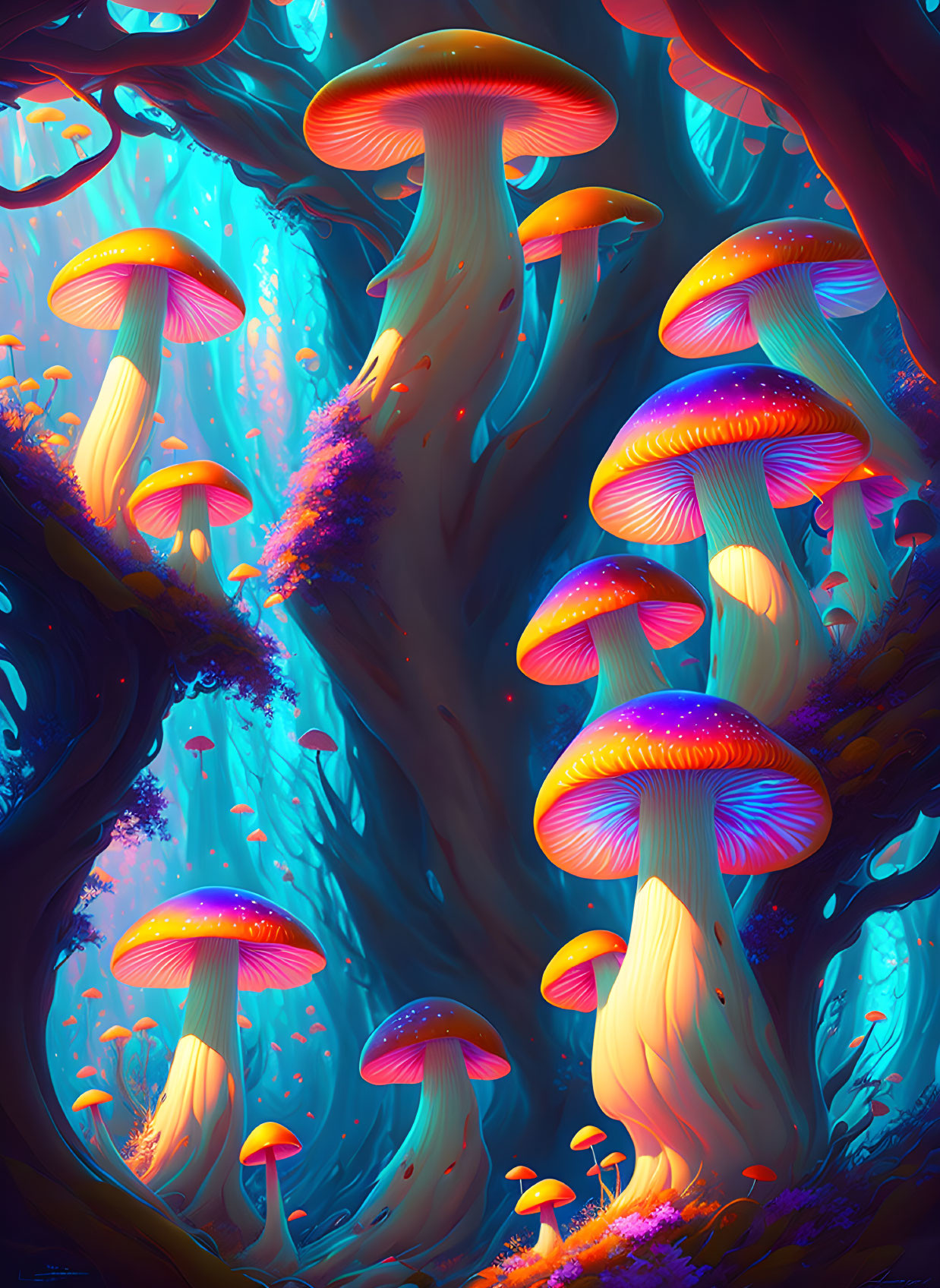 Enchanted forest digital art with oversized luminous mushrooms