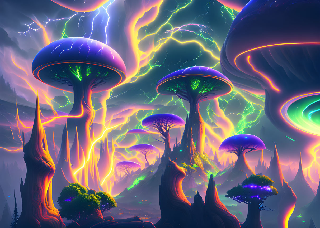 Fantasy landscape with towering mushroom structures and green lightning