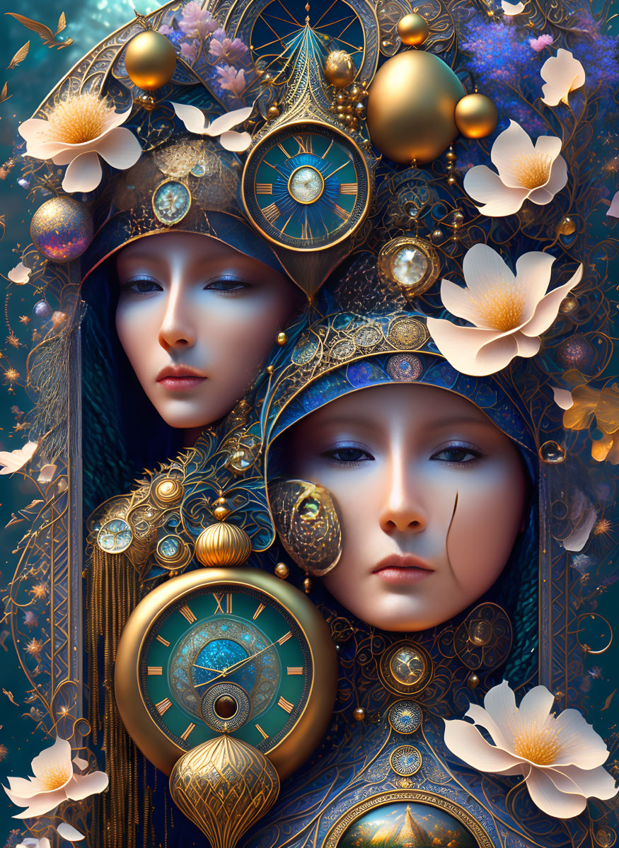 Surreal female figures with gold and floral details on clockwork theme against blue.