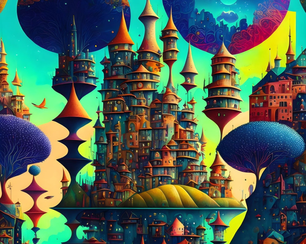 Fantastical landscape with whimsical castles and towering mushrooms