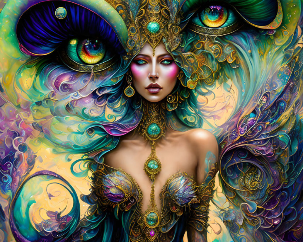 Colorful illustration of woman with peacock headdress and swirling patterns