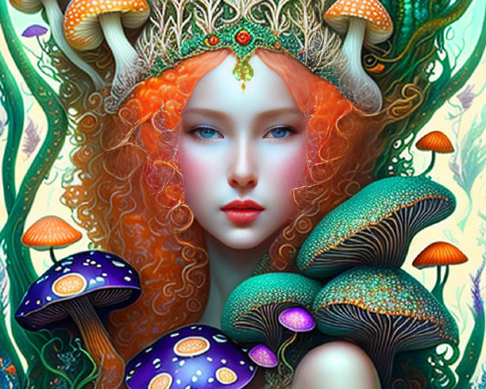 Vibrant red-haired woman with crown in fantastical forest scene