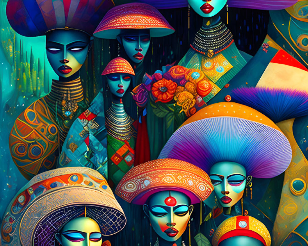 Colorful Artwork of Elegant Female Figures with Elaborate Headgear