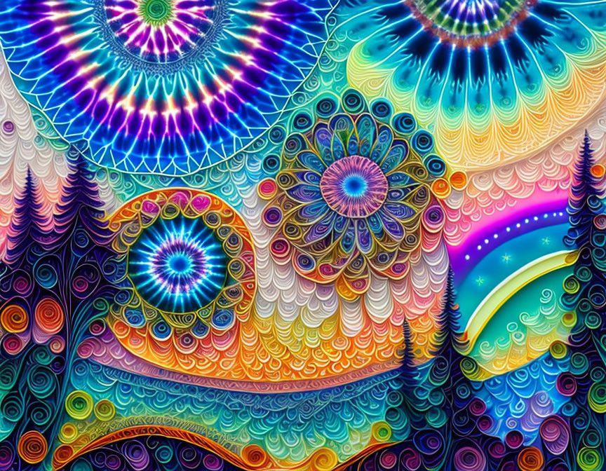 Colorful Psychedelic Pattern with Mandalas, Swirls, Gradient Hues