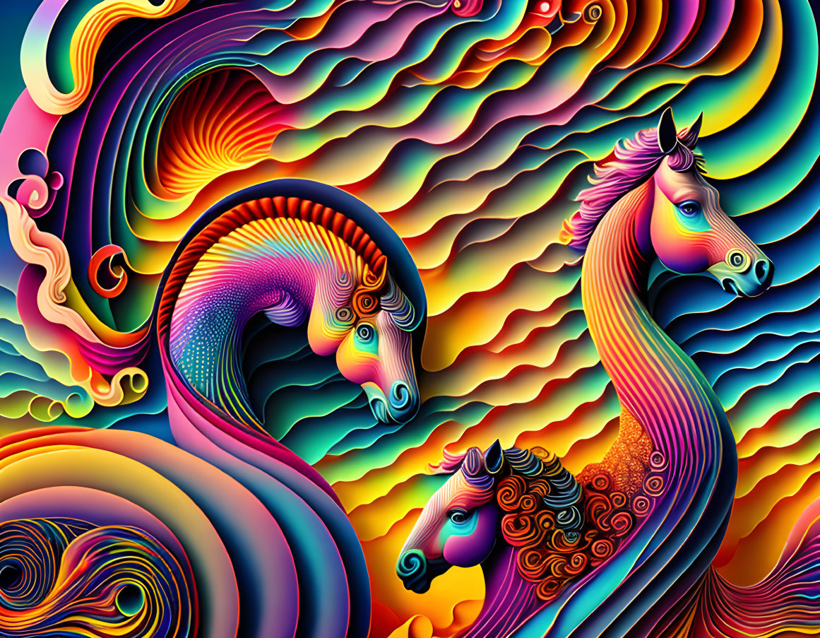 Colorful digital art: Three stylized horses with wavy manes in psychedelic waves