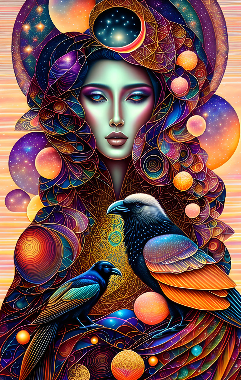 Colorful artwork featuring woman with cosmic elements and ravens