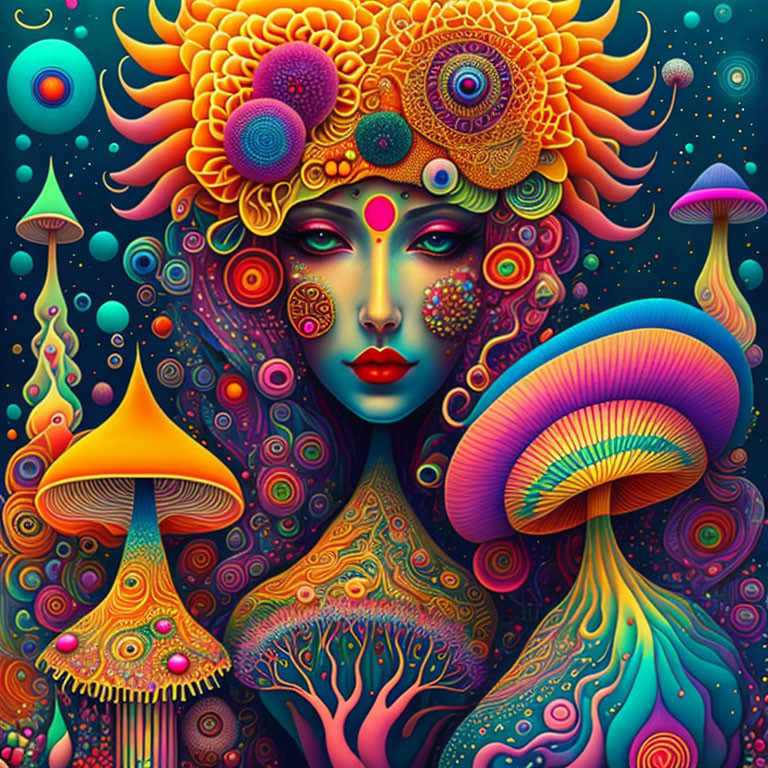 Colorful psychedelic artwork of woman with floral patterns and mushrooms