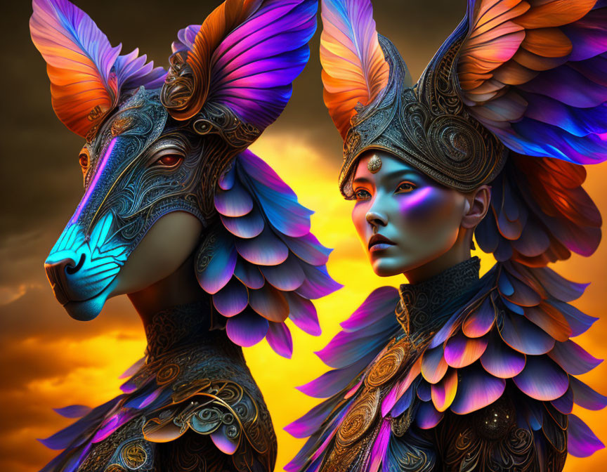Vividly colored surreal figures with intricate metallic-like designs