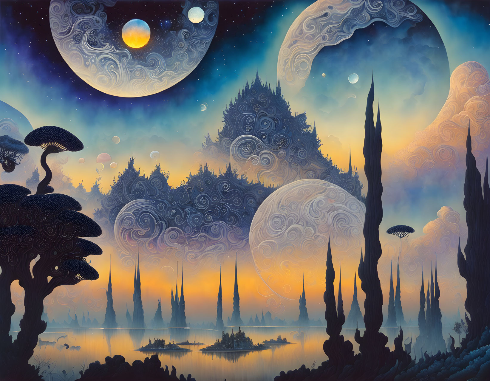 Surreal landscape with multiple moons, swirling sky patterns, intricate trees, and reflective water at twilight