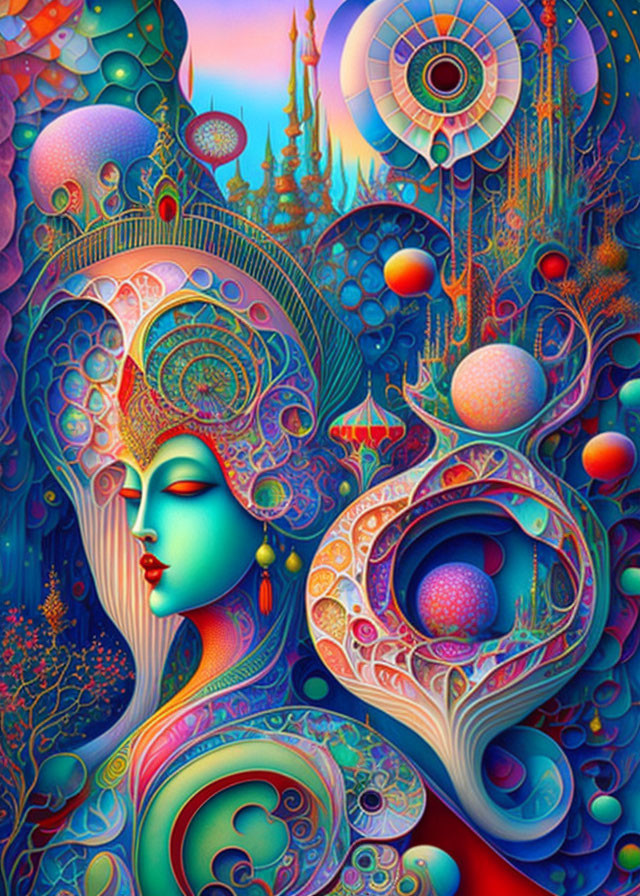 Colorful Psychedelic Woman Profile Art with Swirling Patterns