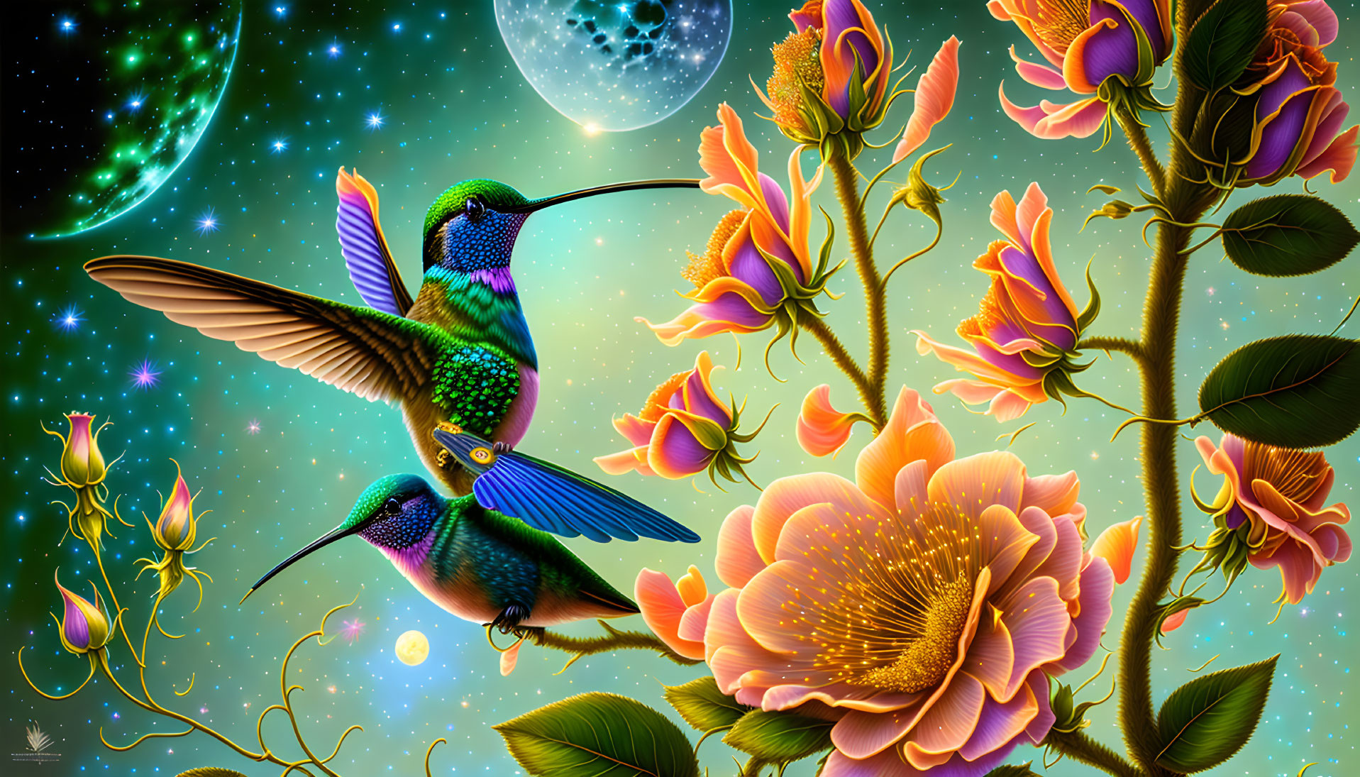 Colorful Digital Artwork: Hummingbirds and Flowers Under Starry Sky