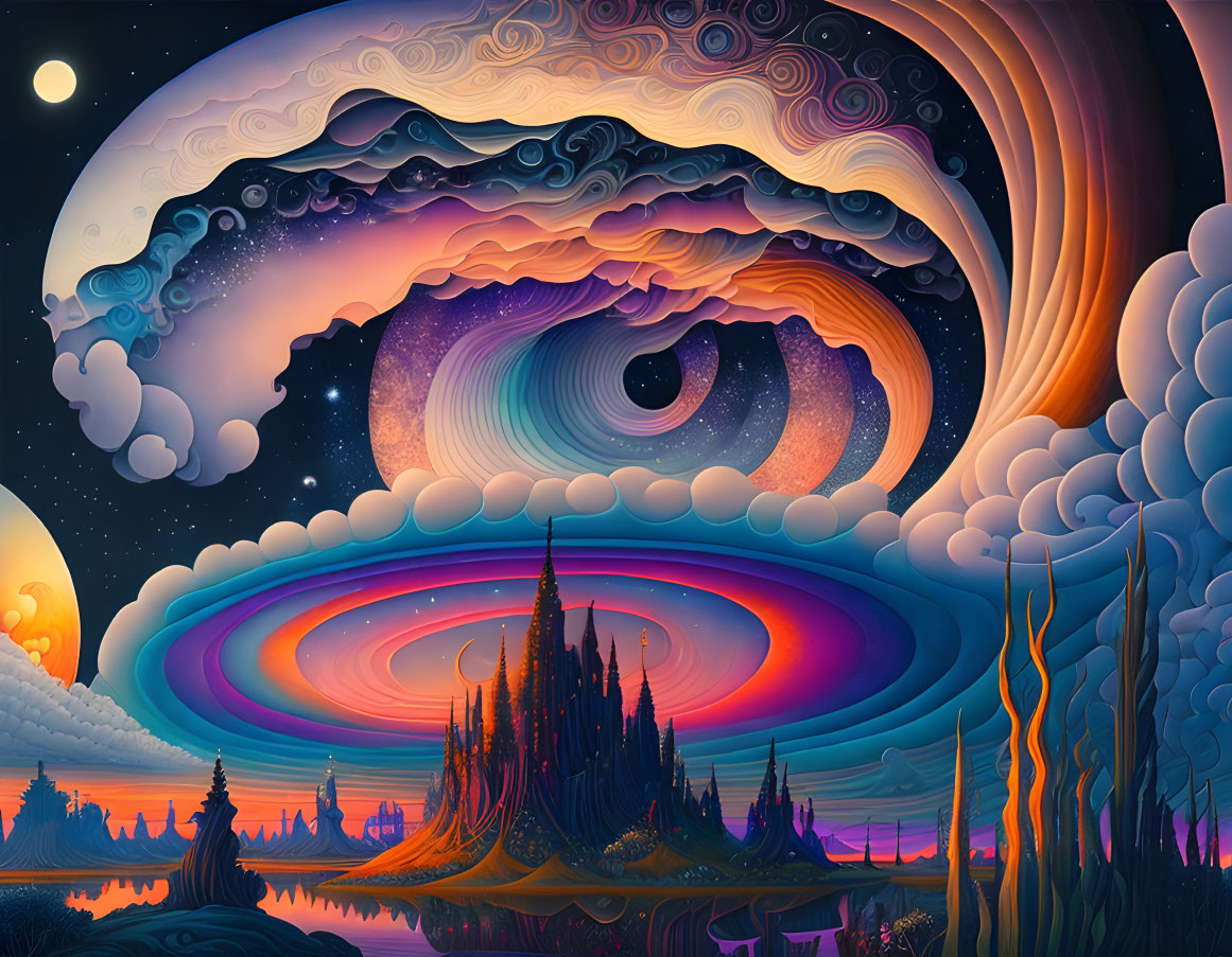 Colorful Surreal Landscape with Swirling Skies and Moon