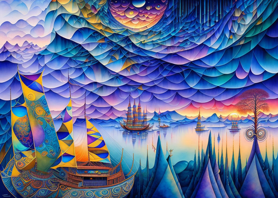 Colorful Artwork: Stylized Boats on Wavy Sea with Crescent Moon and Sun