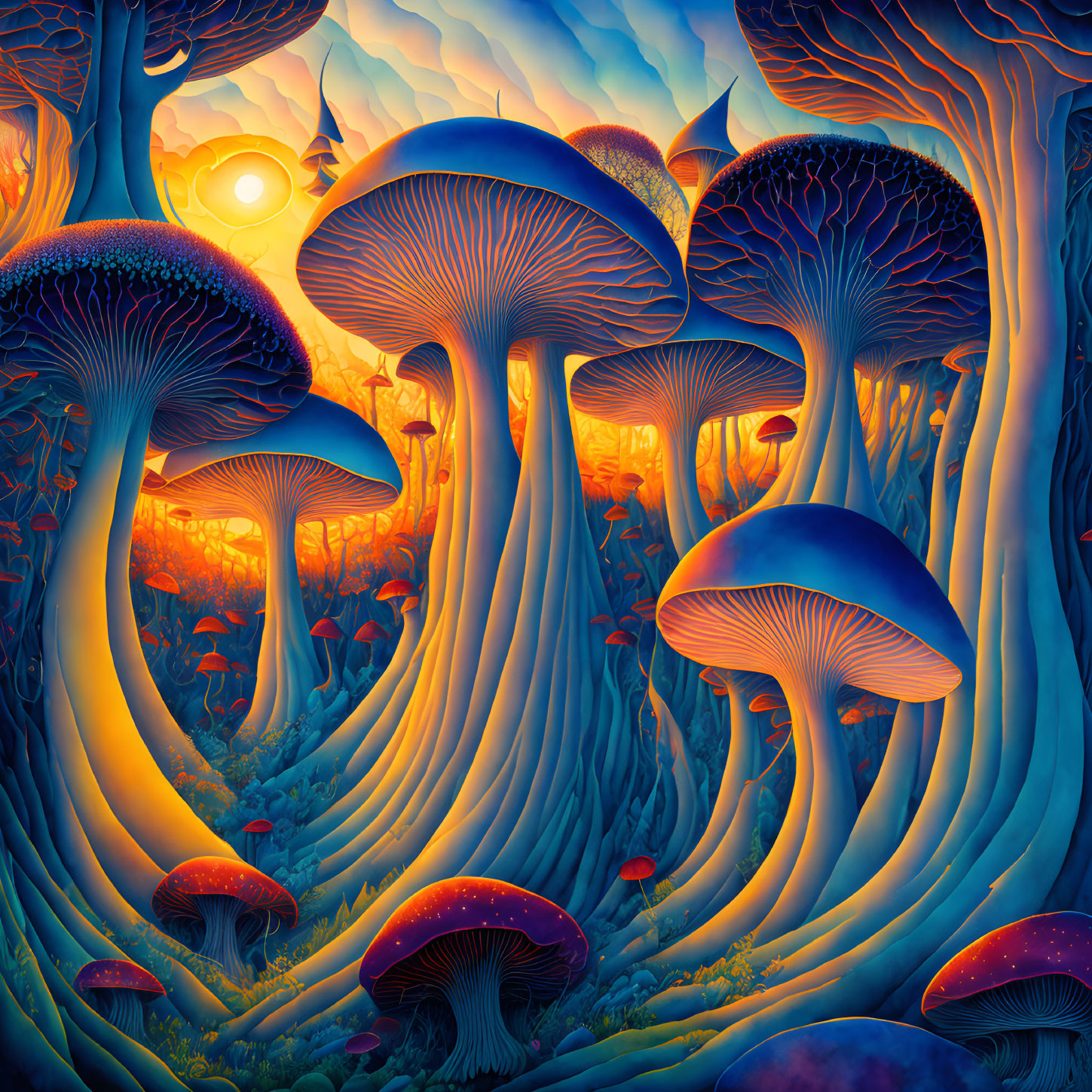 Enchanted forest illustration with oversized mushrooms under sunset sky