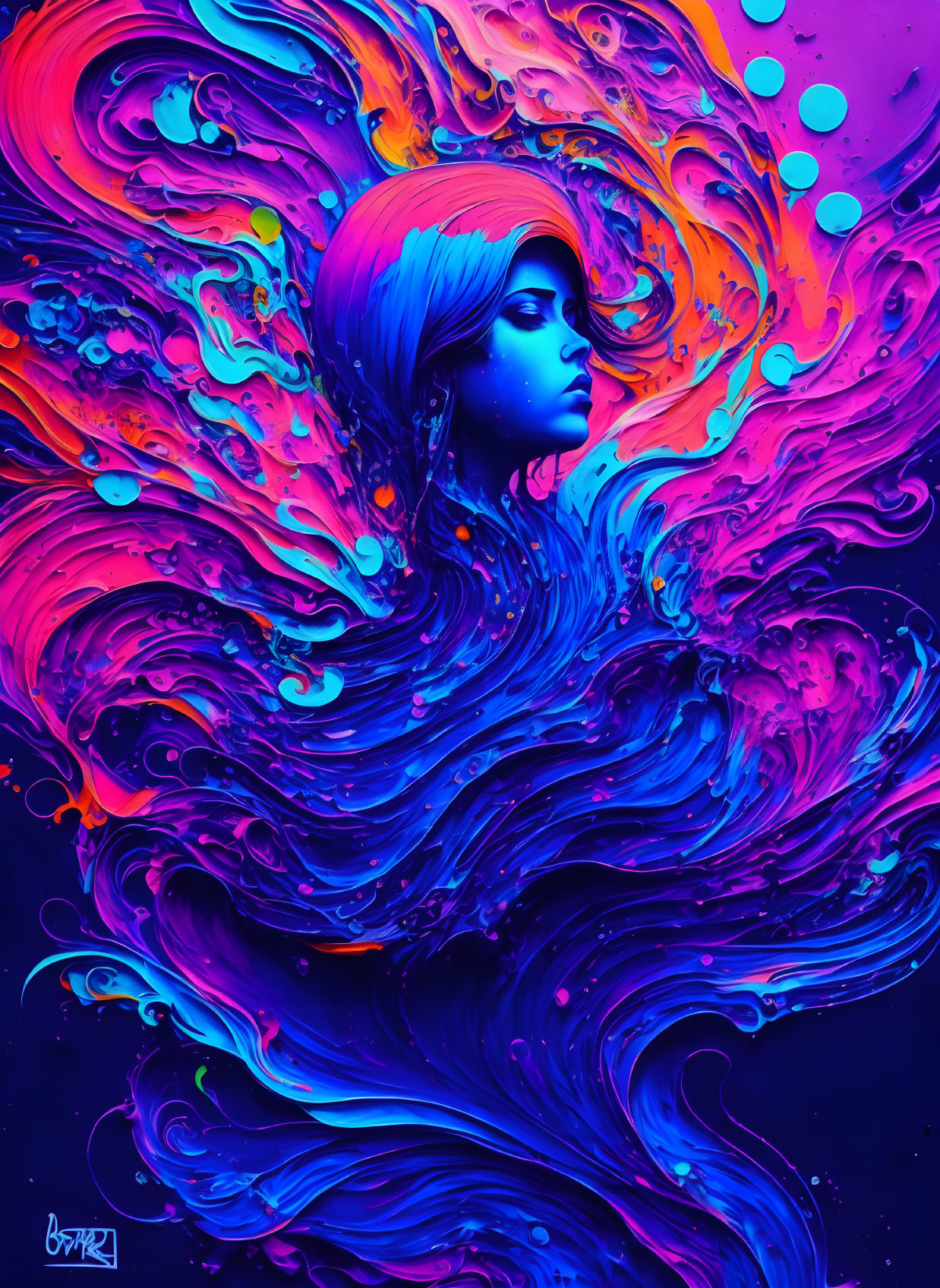 Colorful digital artwork: Woman's profile with flowing hair and abstract swirl.