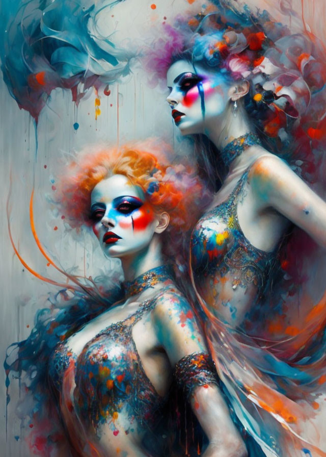 Two women with vibrant artistic makeup and body paint against colorful backdrop