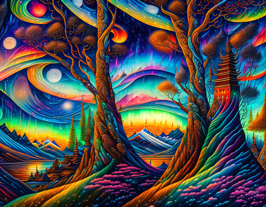 Colorful Psychedelic Artwork: Trees, Castle, Mountains, Stars, Aurora Skies