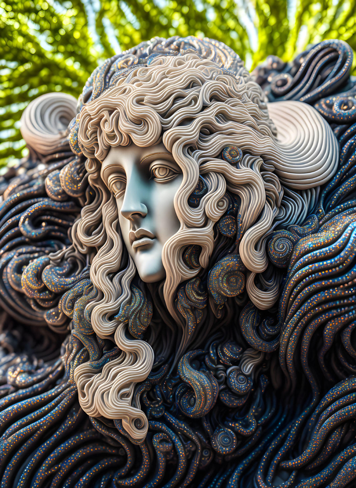 Detailed 3D Artwork: Person with Wavy Hair and Ornate Patterns on Fractal Green