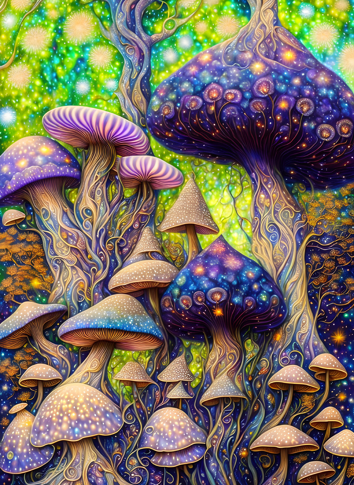 Colorful psychedelic mushrooms in cosmic scene