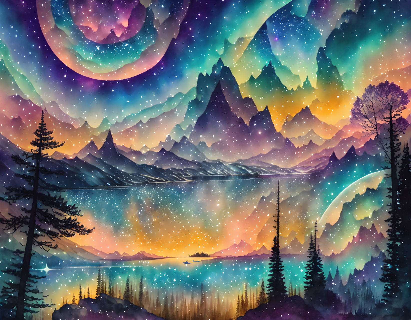 Colorful Mountain Landscape Illustration: Starry Night, Pine Trees, Lake