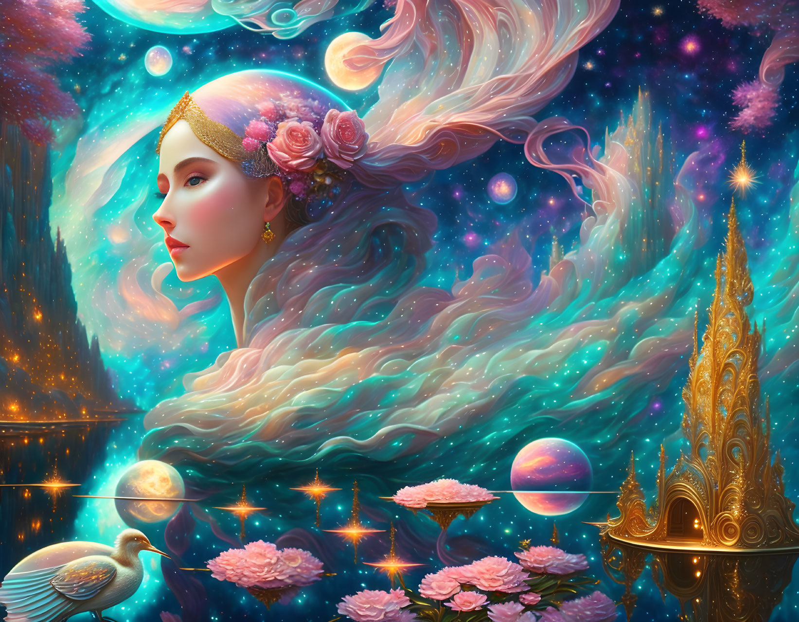 Fantasy illustration of woman with flowing hair in cosmic backdrop