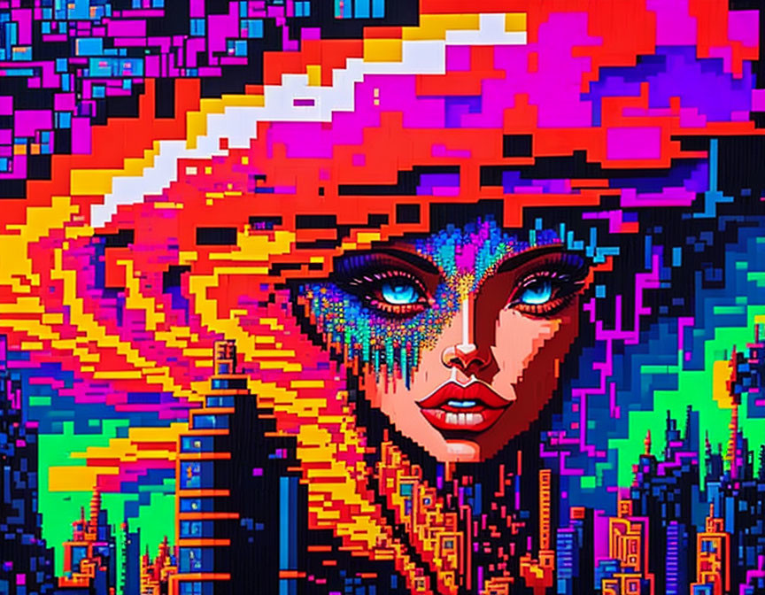 Vibrant makeup woman in colorful pixel art against abstract cityscape