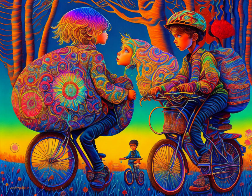 Colorful Psychedelic Illustration: Children, Bicycle, Whimsical Forest