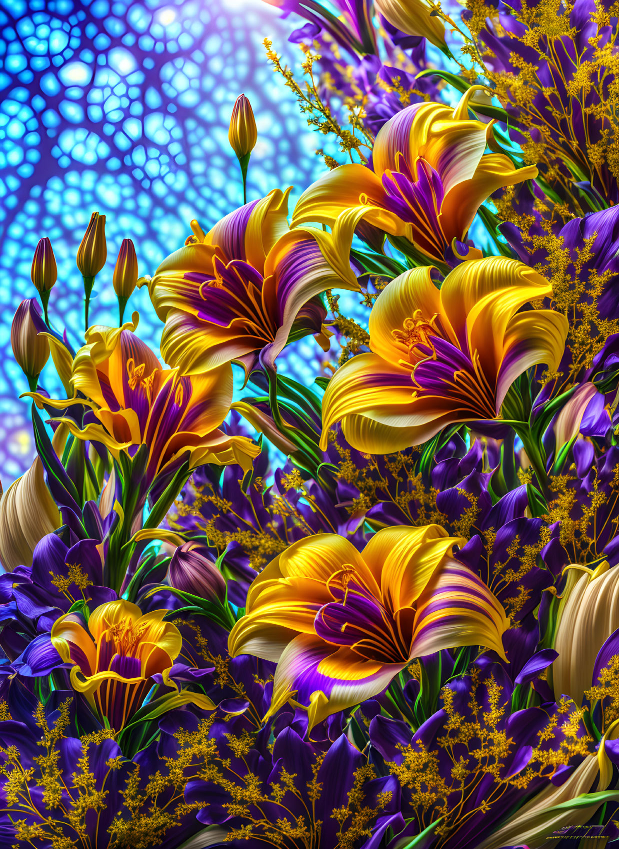 Colorful digital artwork featuring purple and yellow lilies on a blue hexagon-patterned background