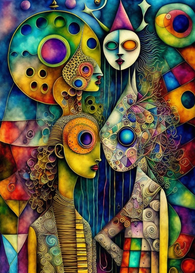 Colorful Abstract Artwork with Stylized Human Figures and Dreamlike Features