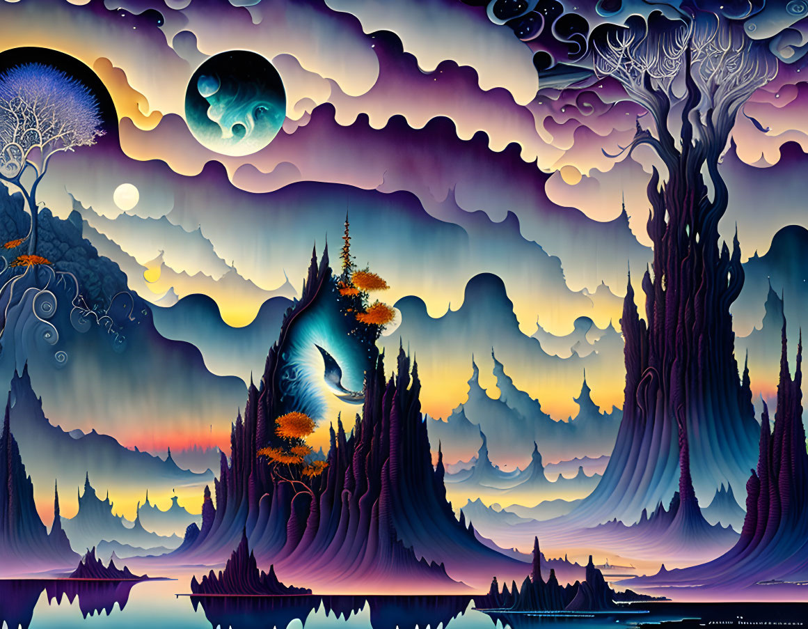 Surreal landscape with stylized trees and celestial bodies